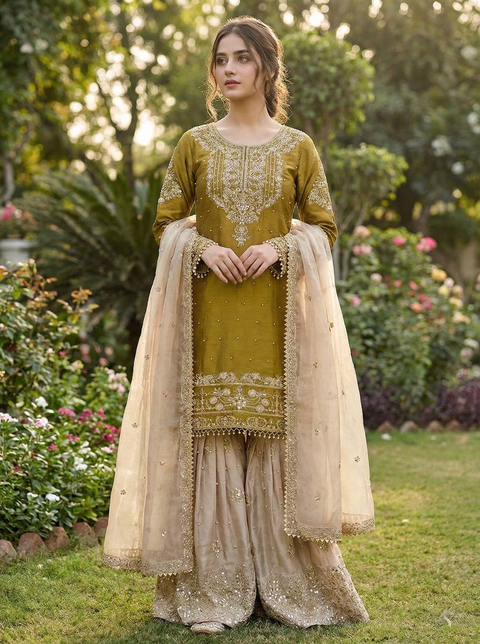Zari Embroidered Sharara Set with Net Dupatta