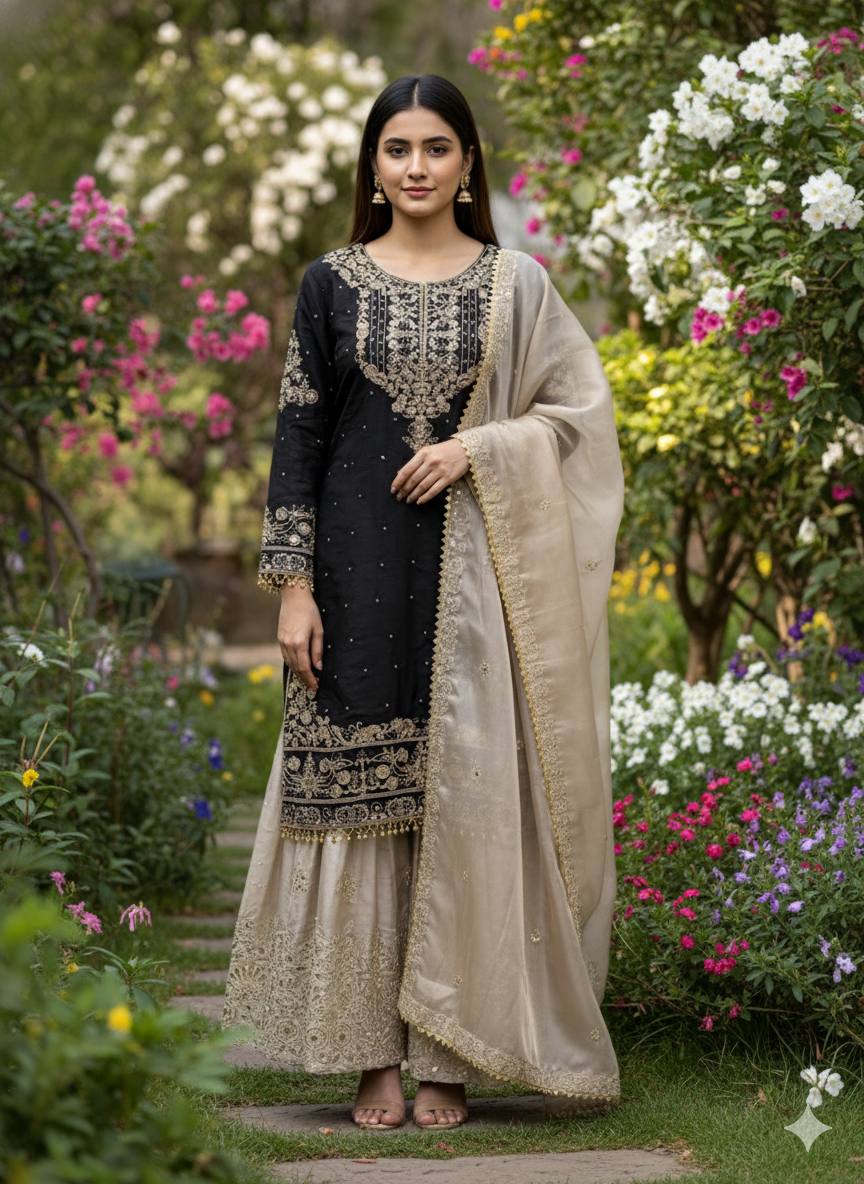 Zari Embroidered Sharara Set with Net Dupatta