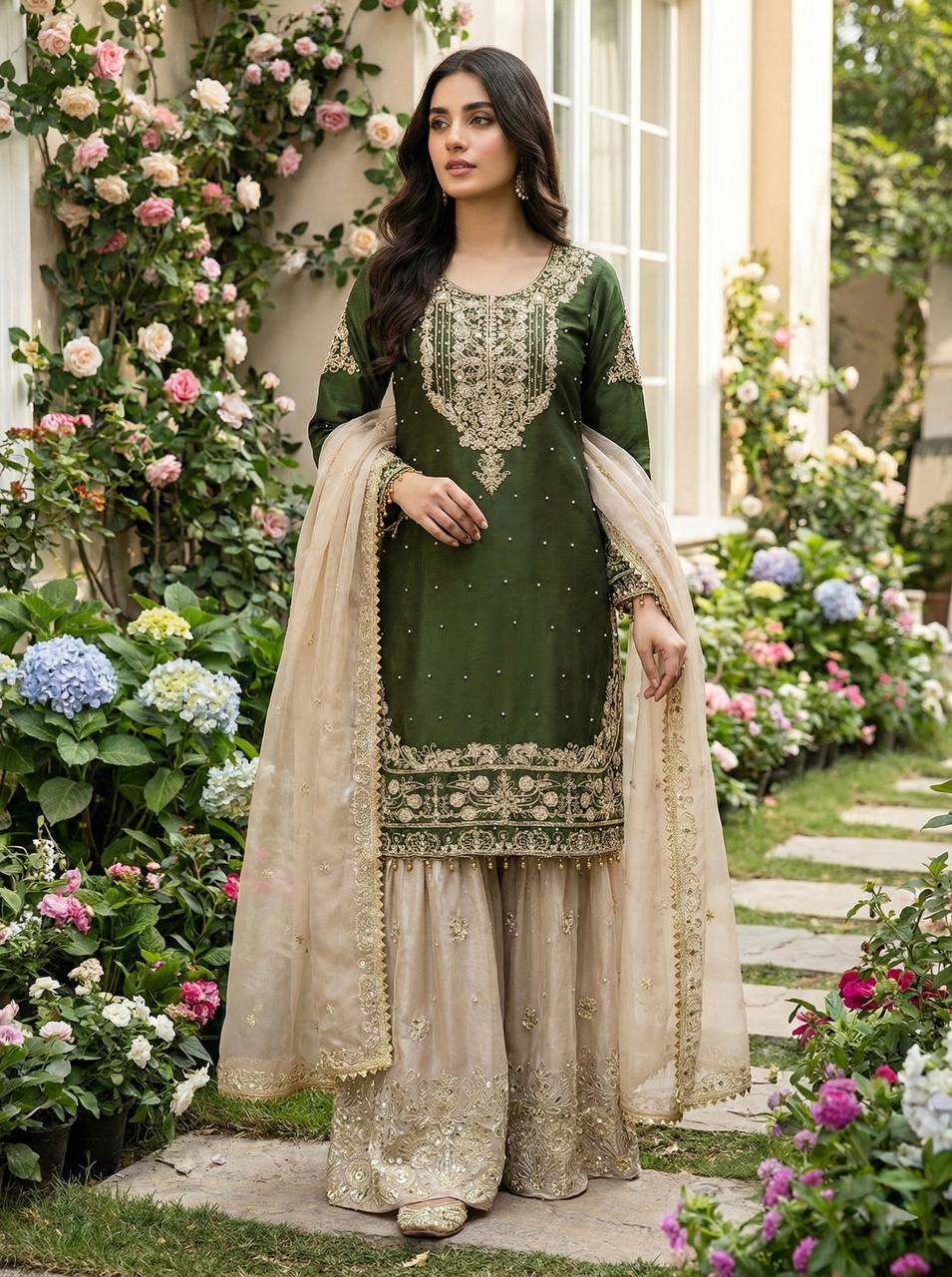 Zari Embroidered Sharara Set with Net Dupatta