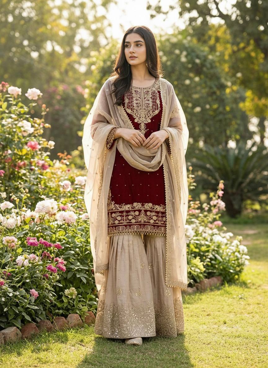 Zari Embroidered Sharara Set with Net Dupatta