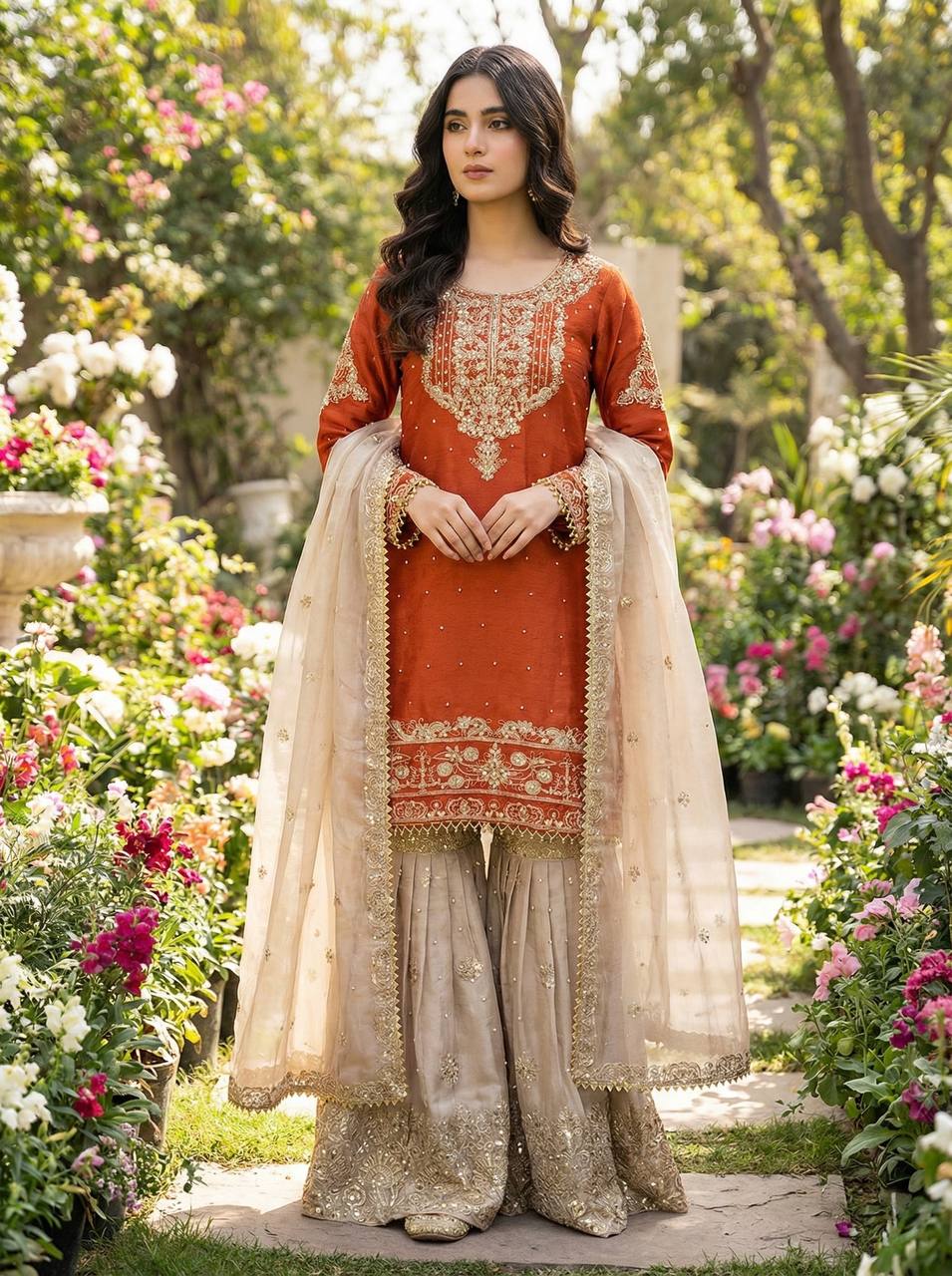 Zari Embroidered Sharara Set with Net Dupatta