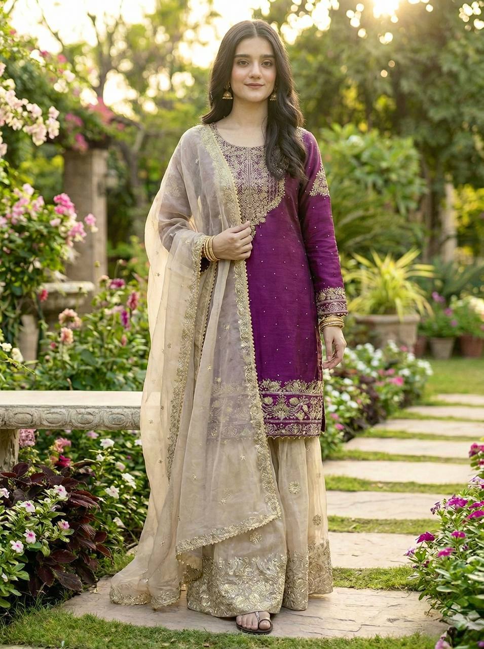 Zari Embroidered Sharara Set with Net Dupatta