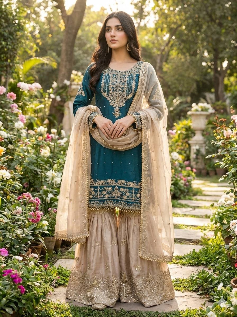 Zari Embroidered Sharara Set with Net Dupatta
