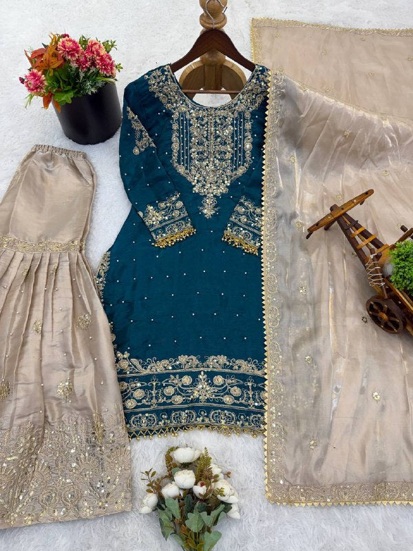 Zari Embroidered Sharara Set with Net Dupatta