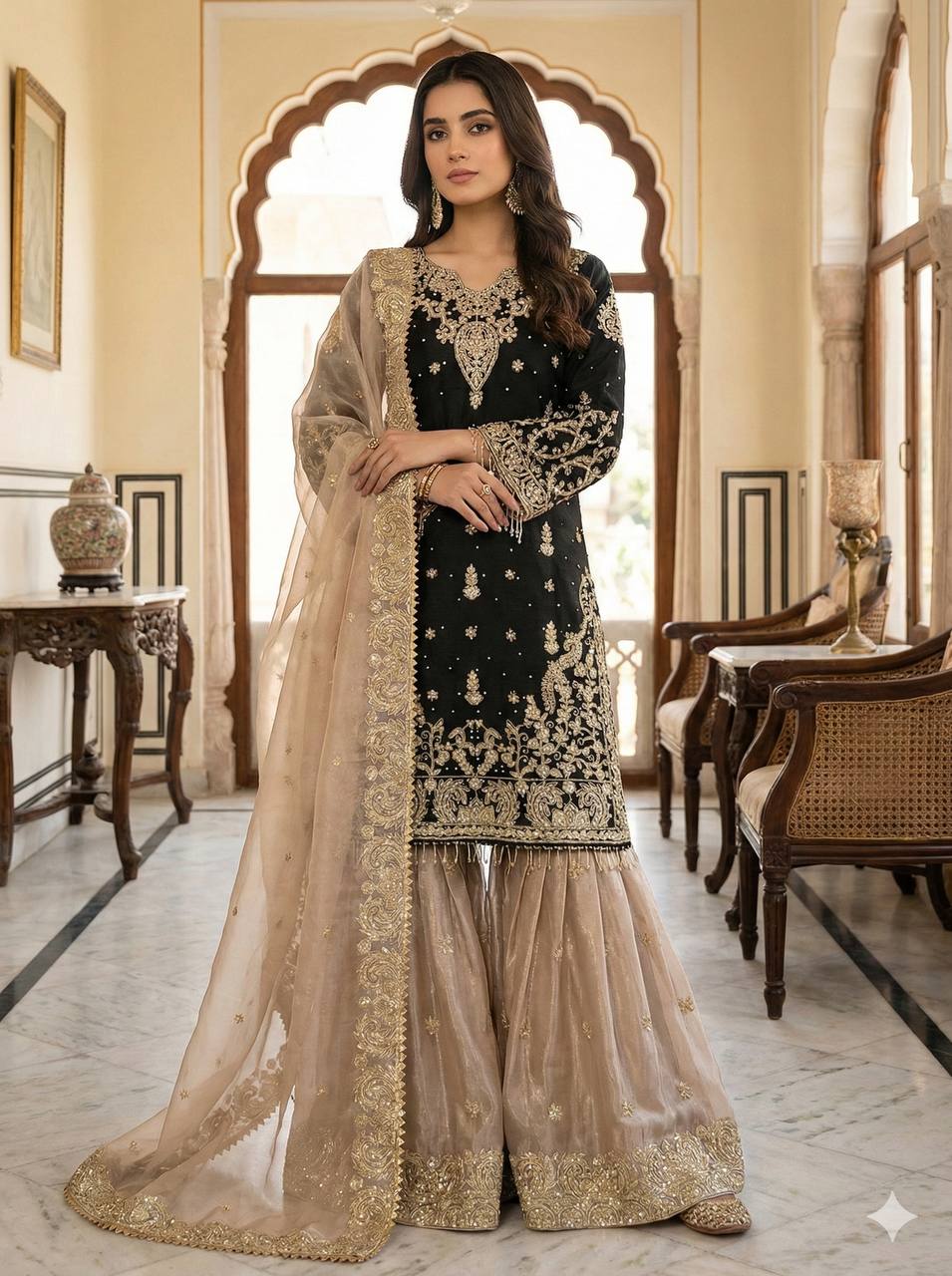 V-neckline with ornate embroidered panel