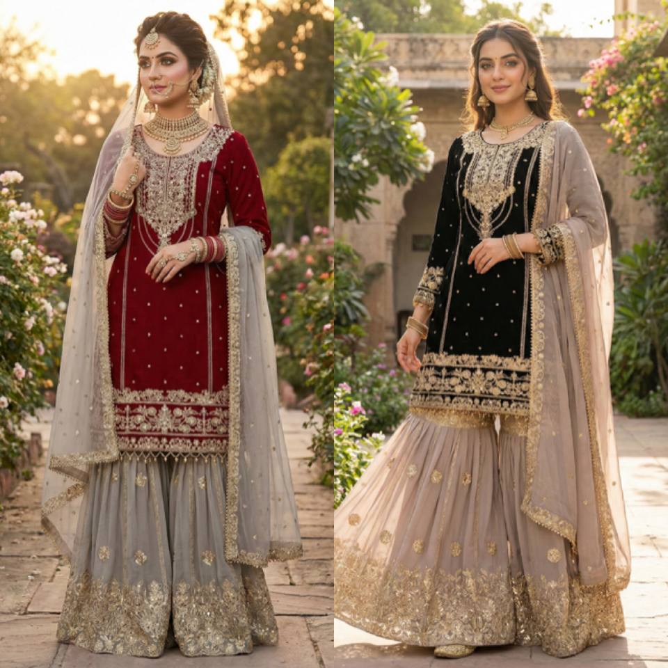 sharara suit with gold jari embroidery