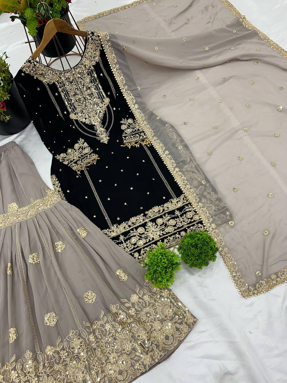 sharara suit with gold jari embroidery