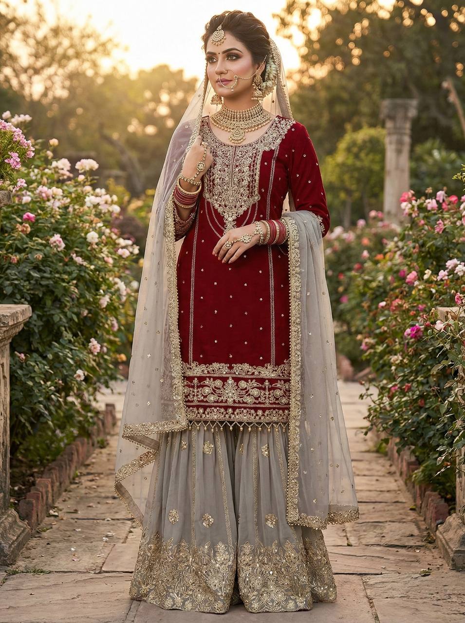 sharara suit with gold jari embroidery