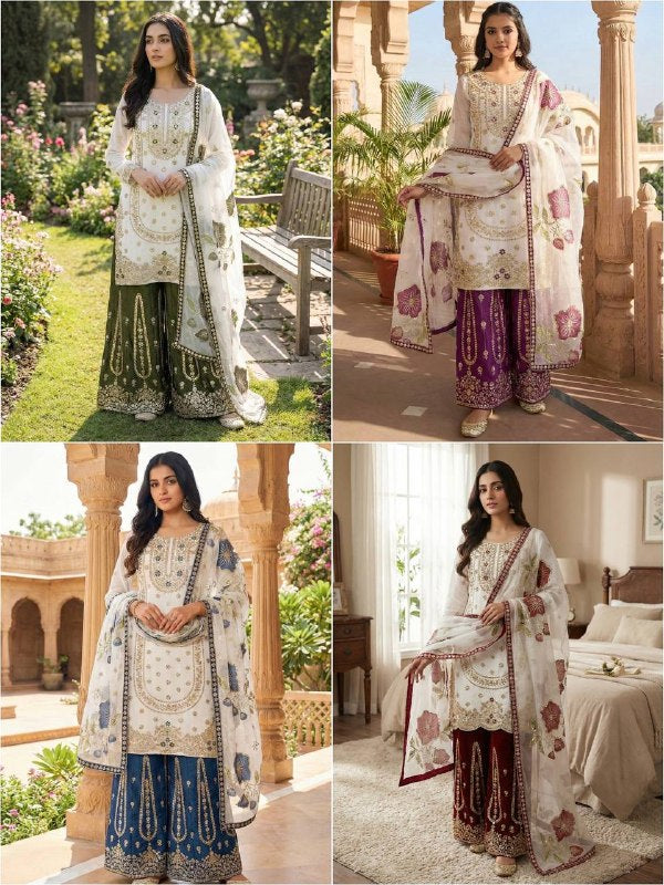 Ivory Organza Sharara Set with Olive Embroidery