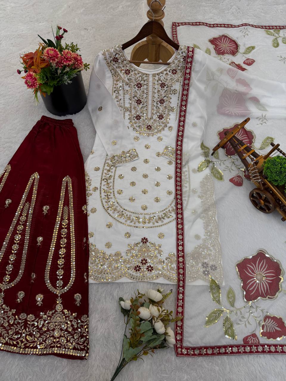 Ivory Organza Sharara Set with Olive Embroidery