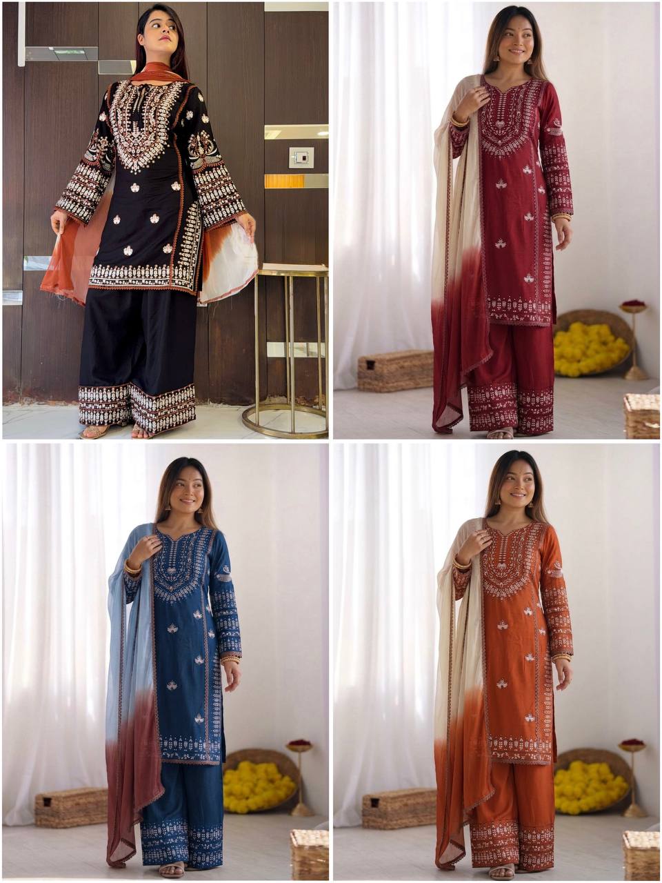 Rust Embroidered Sharara Set with Dupatta