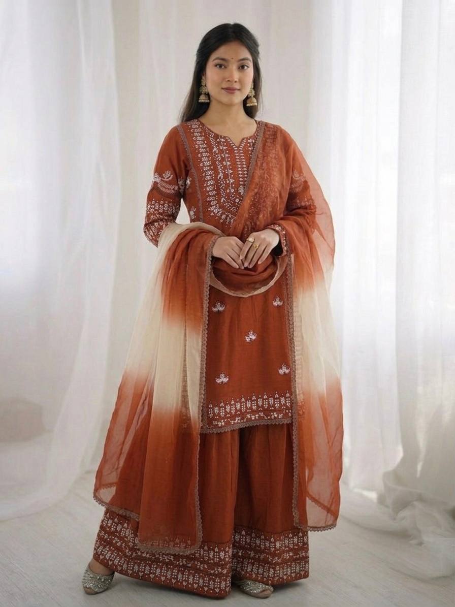 Rust Embroidered Sharara Set with Dupatta