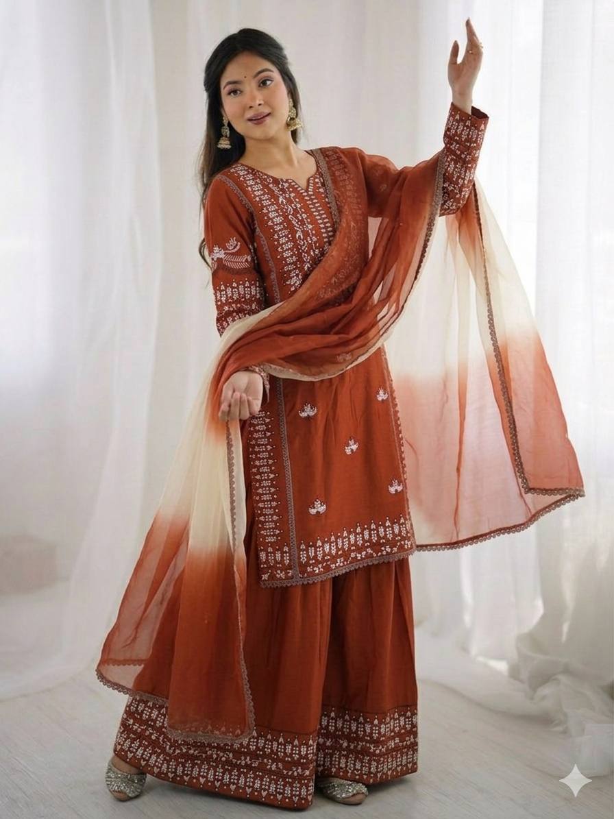 Rust Embroidered Sharara Set with Dupatta