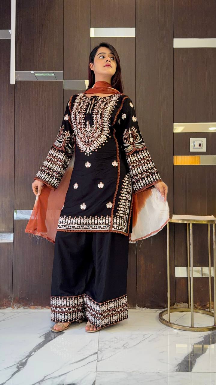 Rust Embroidered Sharara Set with Dupatta