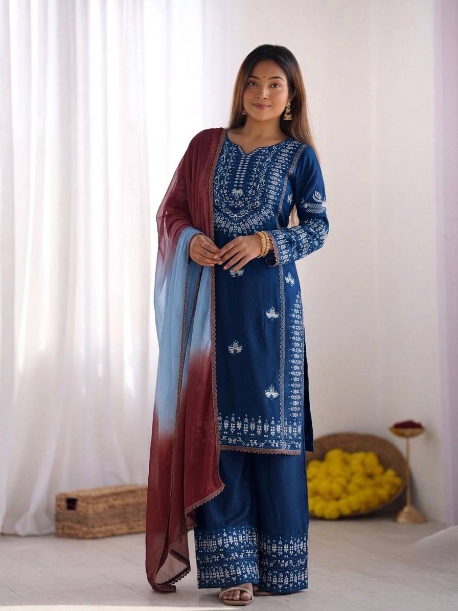 Rust Embroidered Sharara Set with Dupatta