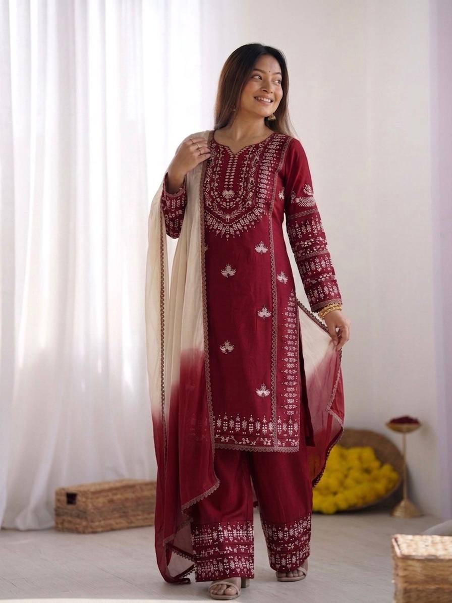 Rust Embroidered Sharara Set with Dupatta