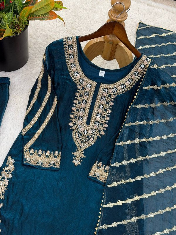 Midnight Peacock Silk Kurta Set with Leheriya Dupatta