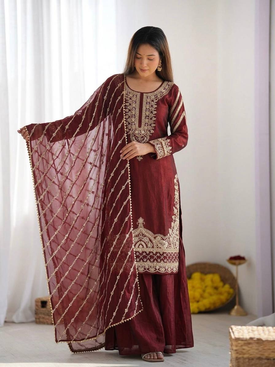 Midnight Peacock Silk Kurta Set with Leheriya Dupatta