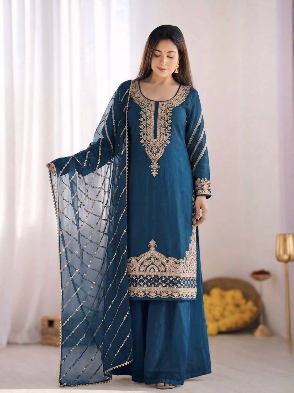 Midnight Peacock Silk Kurta Set with Leheriya Dupatta