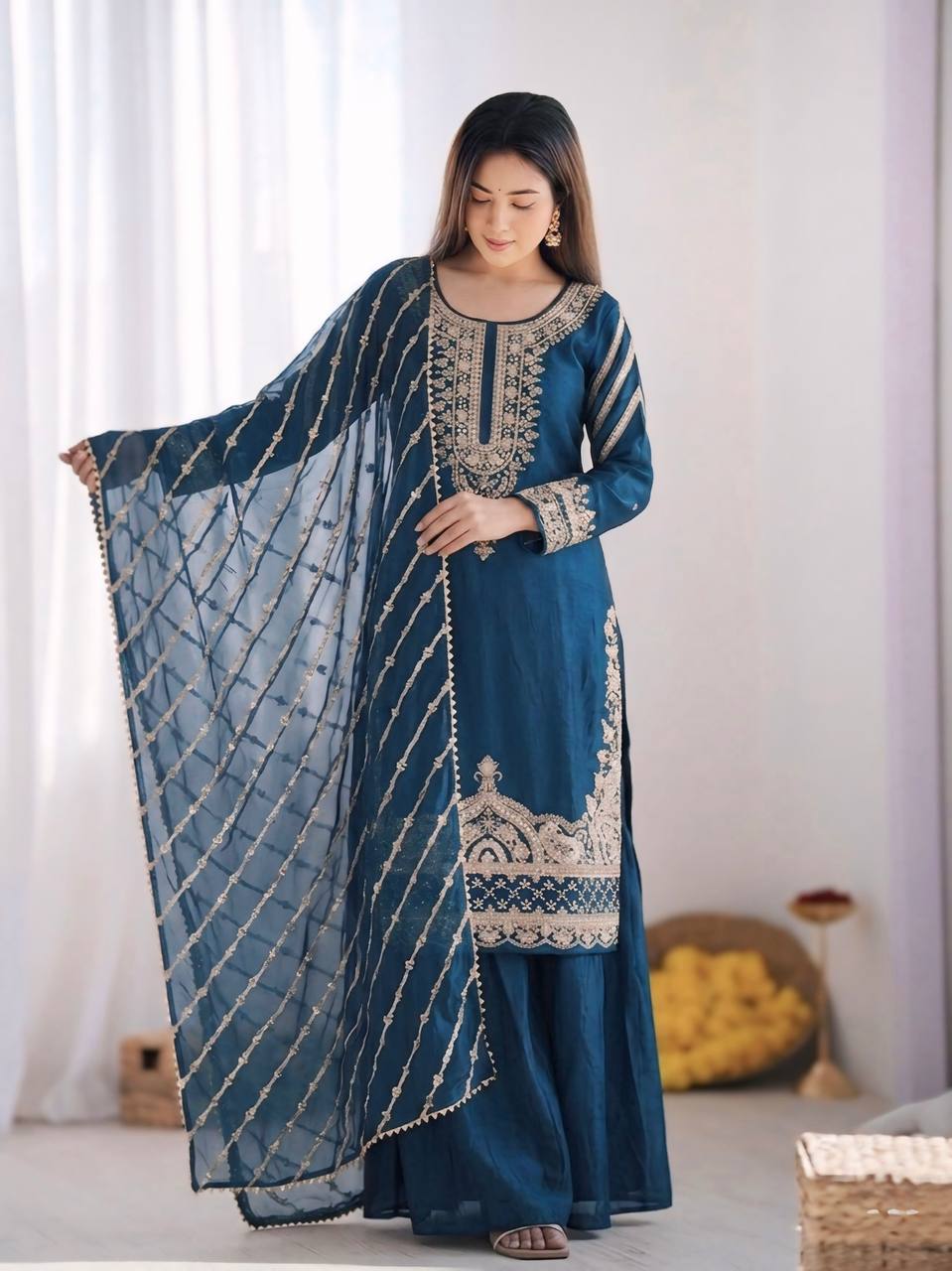 Midnight Peacock Silk Kurta Set with Leheriya Dupatta