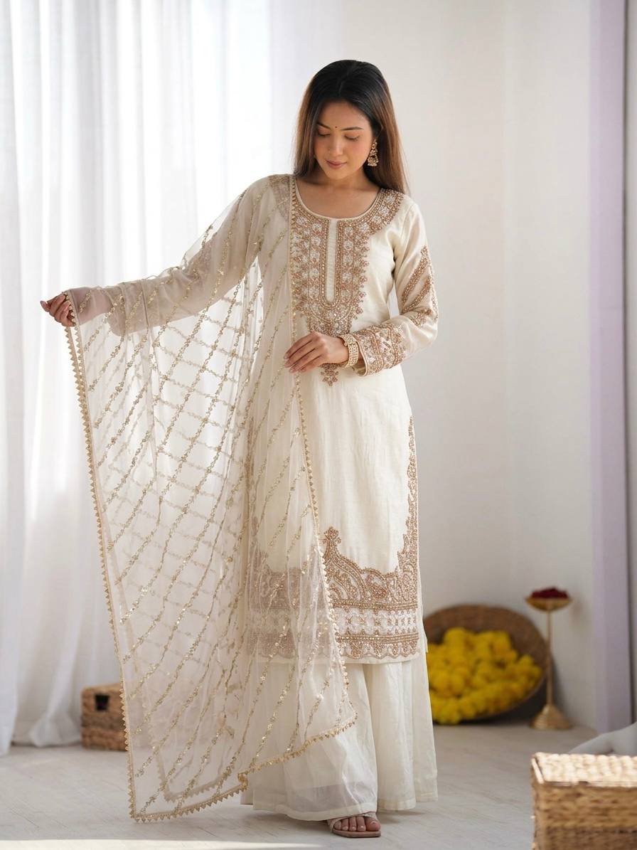 Midnight Peacock Silk Kurta Set with Leheriya Dupatta