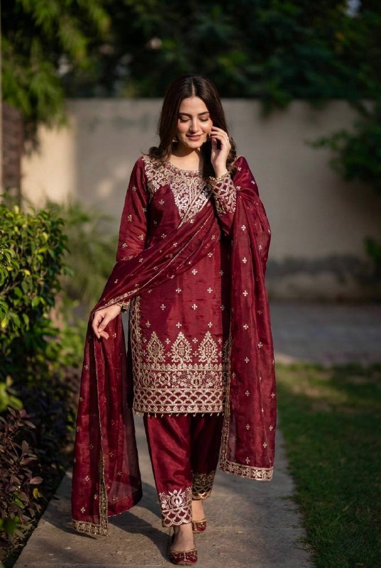 Maroon Zari & Resham Embroidered Straight Kurta Set with dupatta