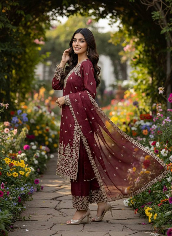 Maroon Zari & Resham Embroidered Straight Kurta Set with dupatta