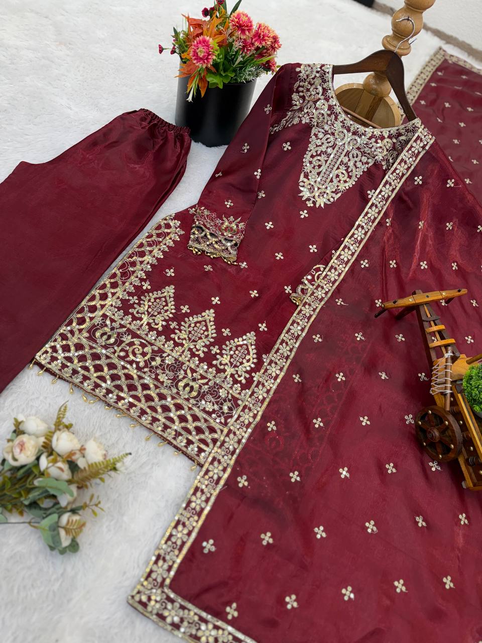 Maroon Zari & Resham Embroidered Straight Kurta Set with dupatta