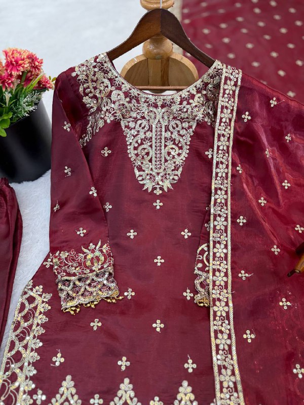 Maroon Zari & Resham Embroidered Straight Kurta Set with dupatta