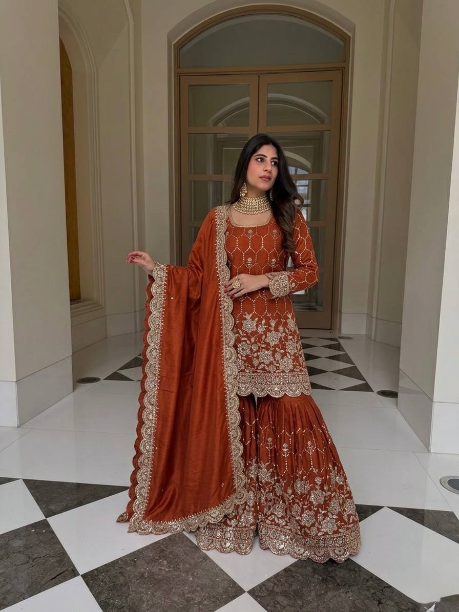 Premium Rust Georgette Sharara Set – Wedding & Festive