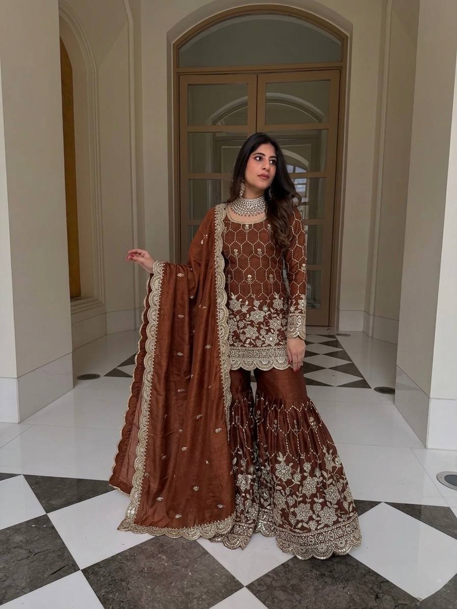 Premium Rust Georgette Sharara Set – Wedding & Festive