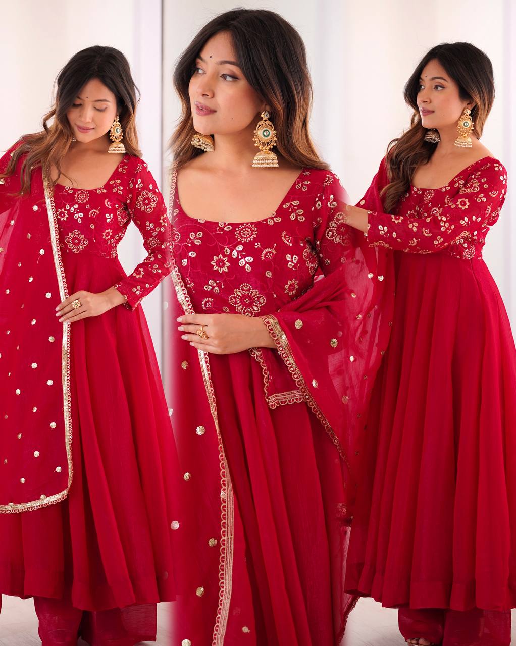 Red Embroidered Anarkali Kurta with Palazzo & Dupatta