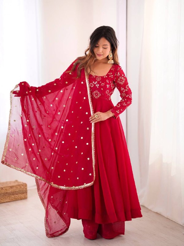 Red Embroidered Anarkali Kurta with Palazzo & Dupatta