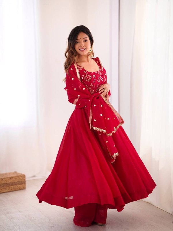 Red Embroidered Anarkali Kurta with Palazzo & Dupatta