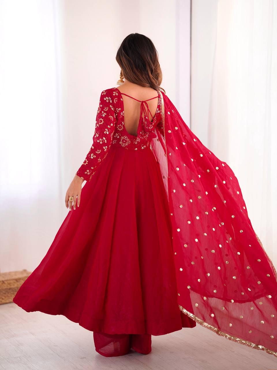 Red Embroidered Anarkali Kurta with Palazzo & Dupatta