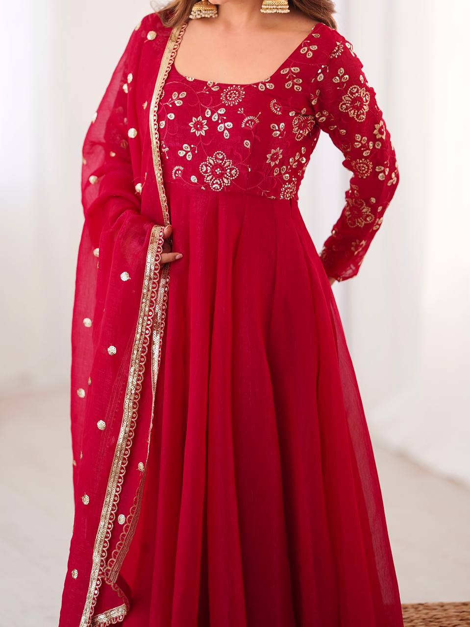 Red Embroidered Anarkali Kurta with Palazzo & Dupatta