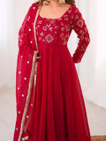Red Embroidered Anarkali Kurta with Palazzo & Dupatta