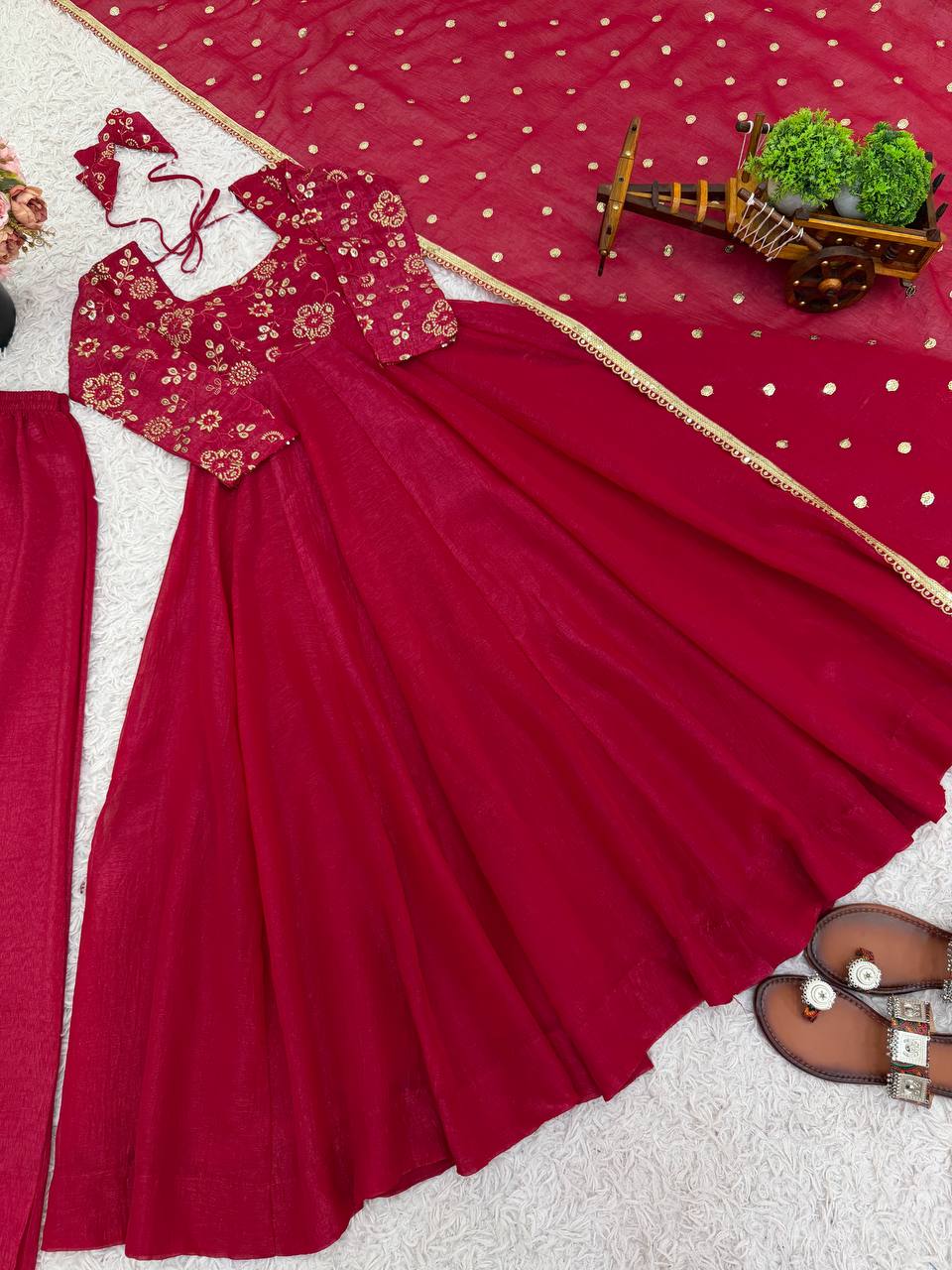 Red Embroidered Anarkali Kurta with Palazzo & Dupatta