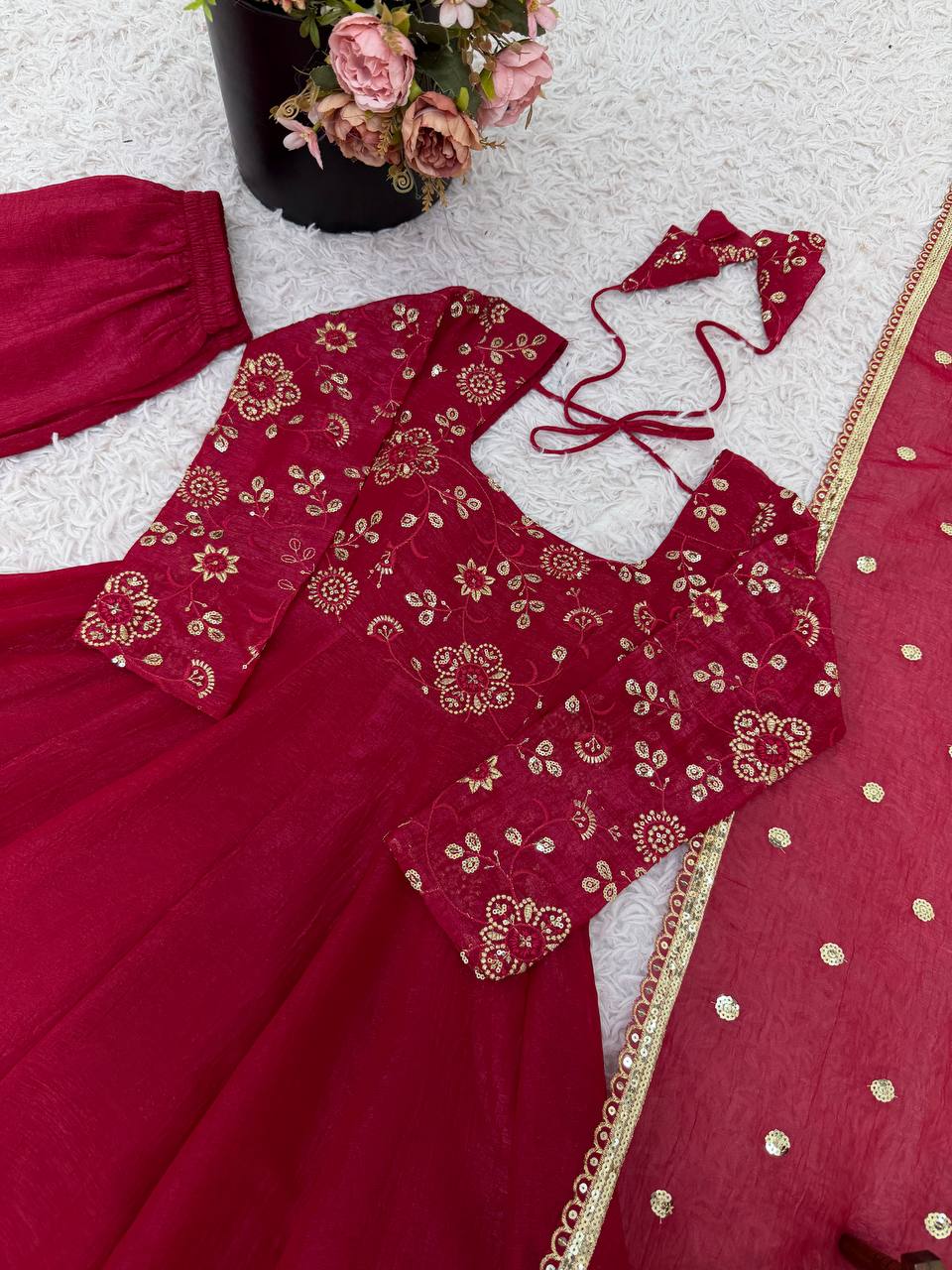 Red Embroidered Anarkali Kurta with Palazzo & Dupatta
