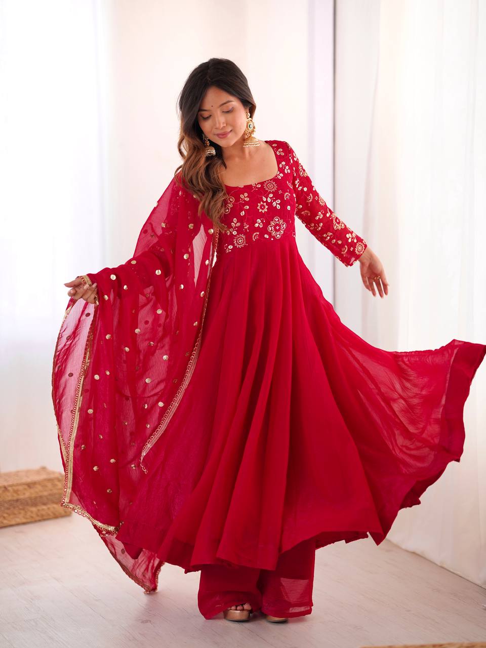 Red Embroidered Anarkali Kurta with Palazzo & Dupatta