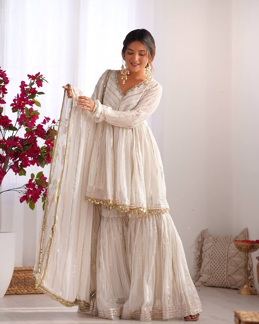 Indian Ethnic Sharara Set — Tiered Kurta with Gold Stripe & Coin Border