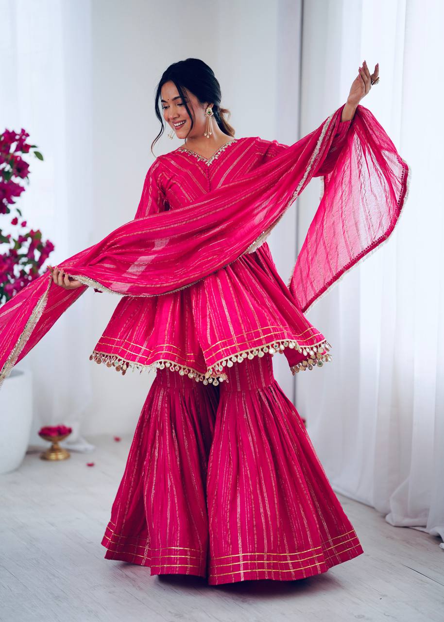 Indian Ethnic Sharara Set — Tiered Kurta with Gold Stripe & Coin Border