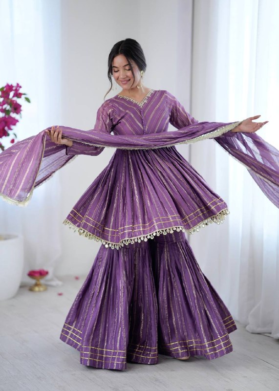 Indian Ethnic Sharara Set — Tiered Kurta with Gold Stripe & Coin Border