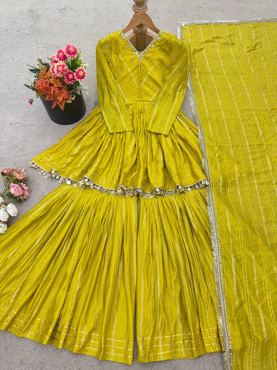 Indian Ethnic Sharara Set — Tiered Kurta with Gold Stripe & Coin Border