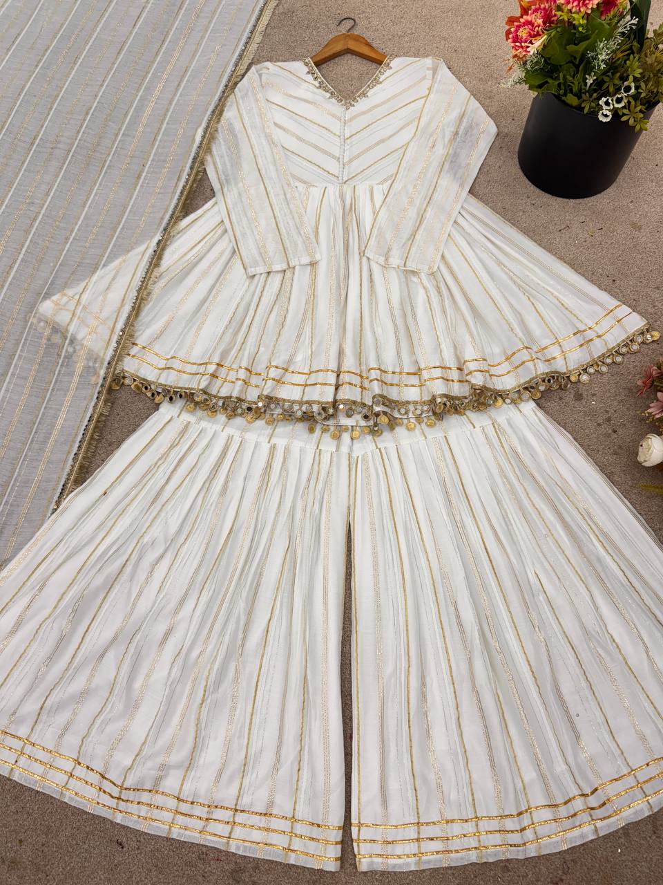 Indian Ethnic Sharara Set — Tiered Kurta with Gold Stripe & Coin Border