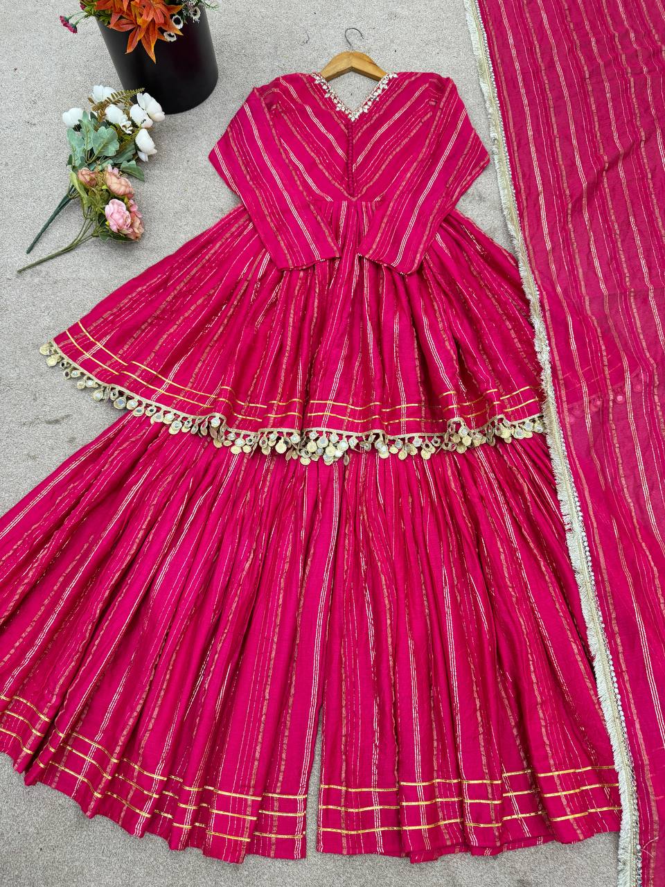 Indian Ethnic Sharara Set — Tiered Kurta with Gold Stripe & Coin Border