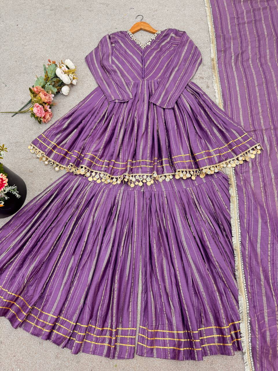 Indian Ethnic Sharara Set — Tiered Kurta with Gold Stripe & Coin Border