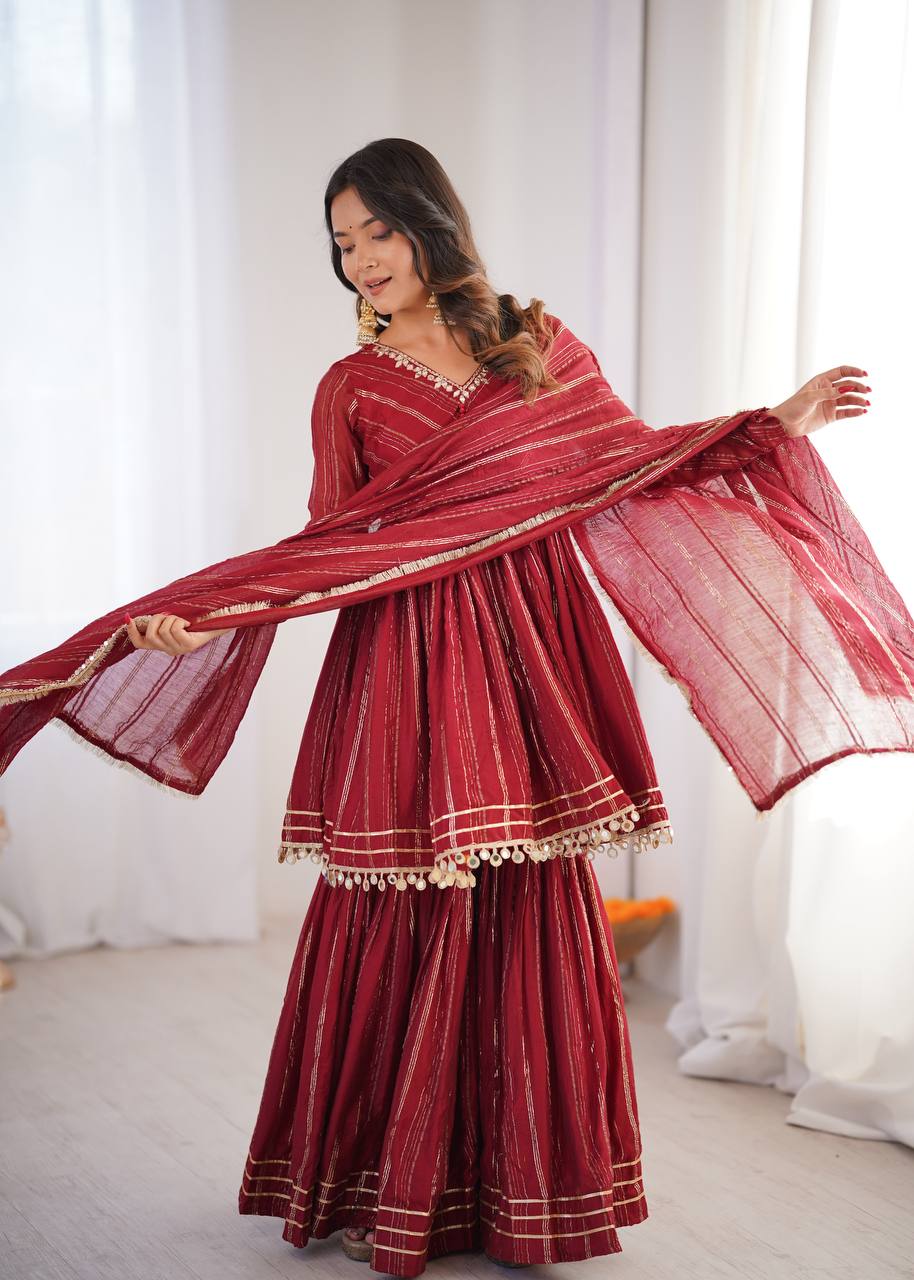 Indian Ethnic Sharara Set — Tiered Kurta with Gold Stripe & Coin Border