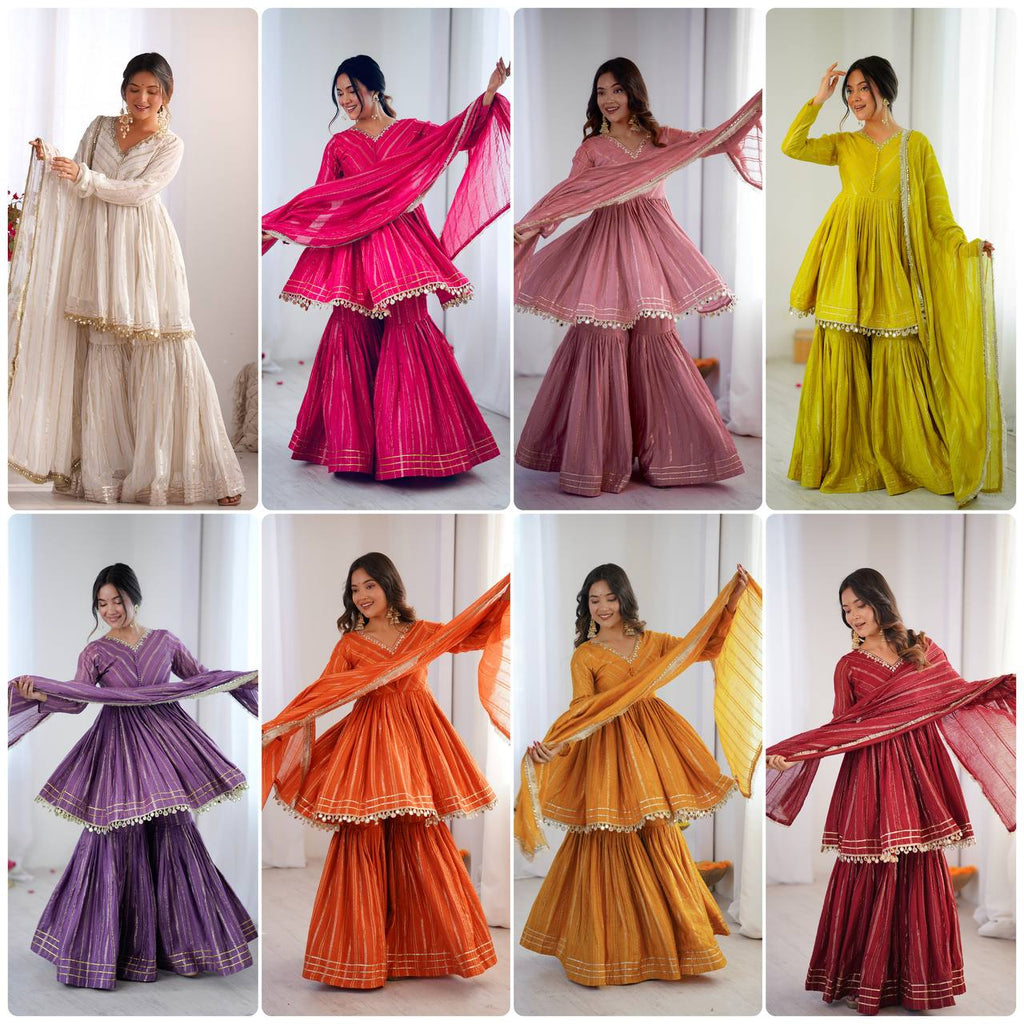 Indian Ethnic Sharara Set — Tiered Kurta with Gold Stripe & Coin Border