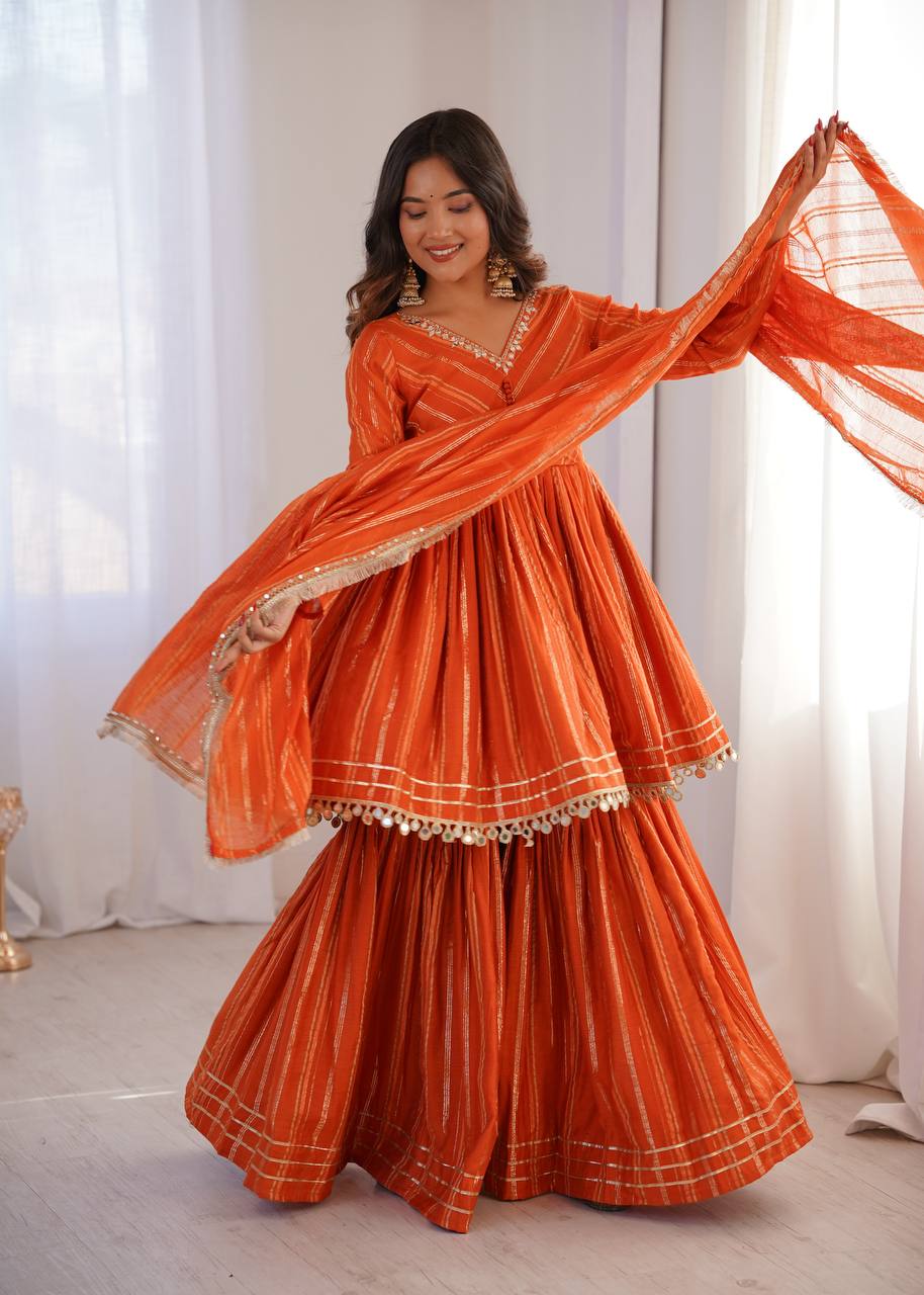Indian Ethnic Sharara Set — Tiered Kurta with Gold Stripe & Coin Border